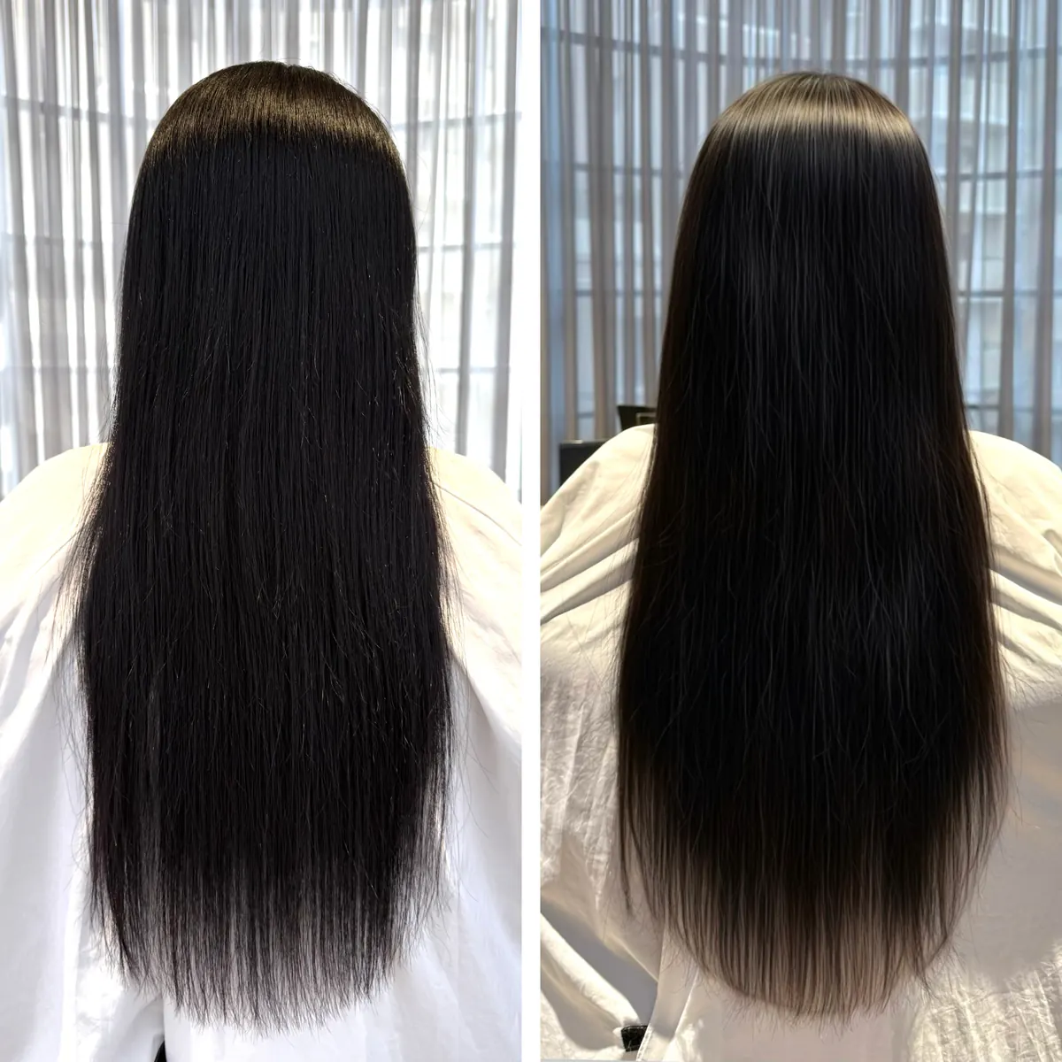 毛先が乾燥した黒髪ロングが、毛先まで艶のある髪に ― 超高濃度水素 髪質改善の施術前後