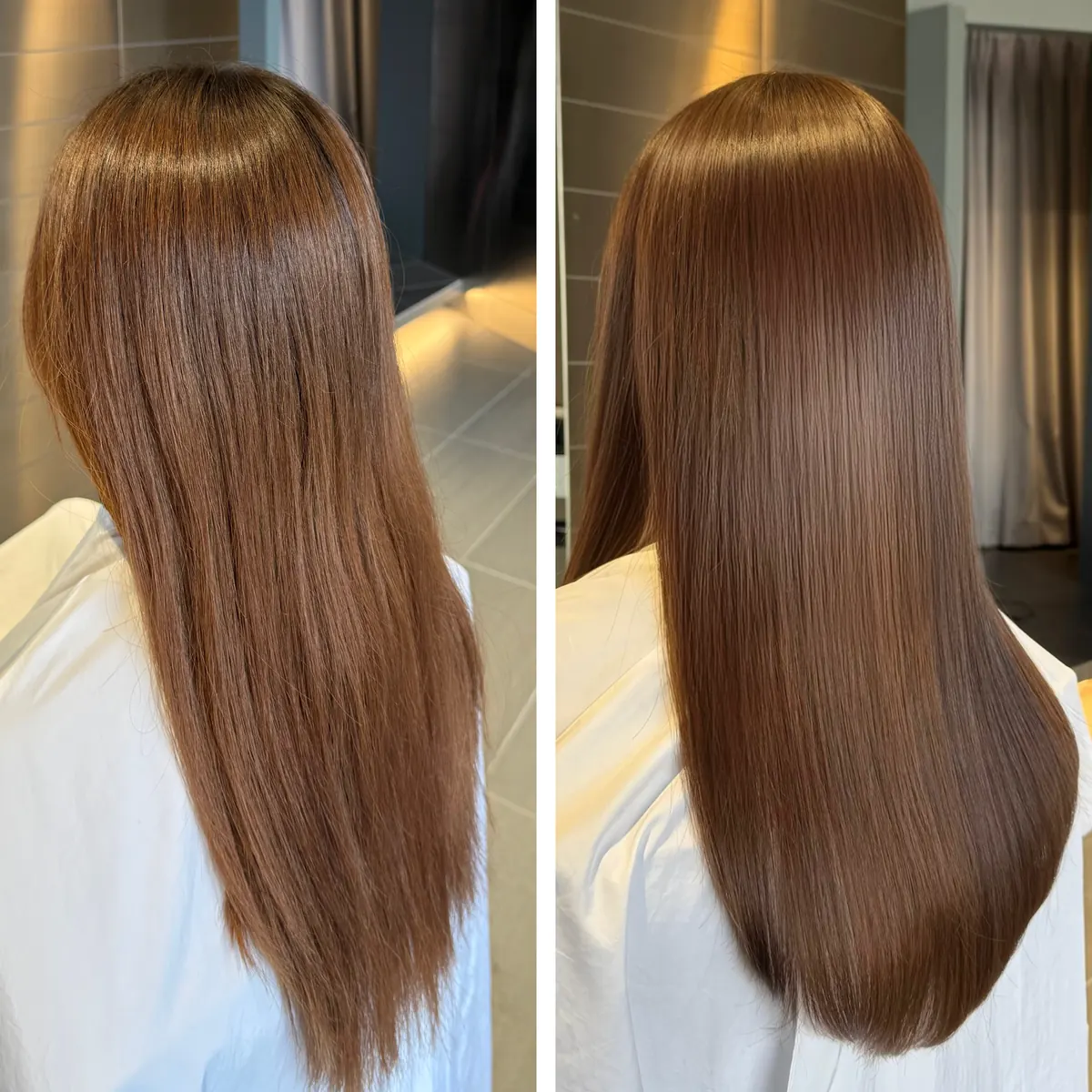 パサつきのある明るい髪が、艶やかなブラウンヘアに ― 超高濃度水素 髪質改善の施術前後