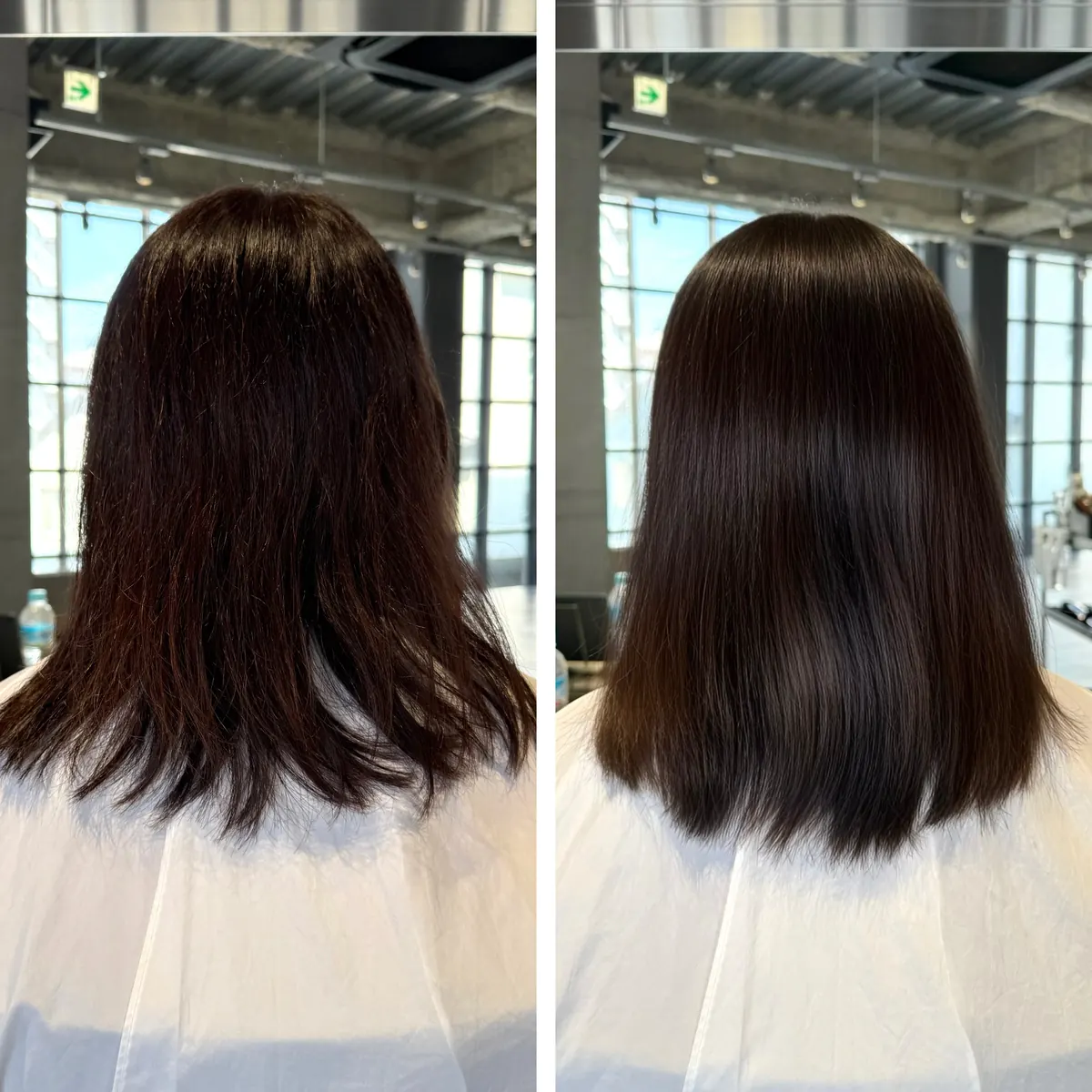 広がりのあるミディアムヘアが、まとまりのある艶髪に ― 超高濃度水素 髪質改善の施術前後
