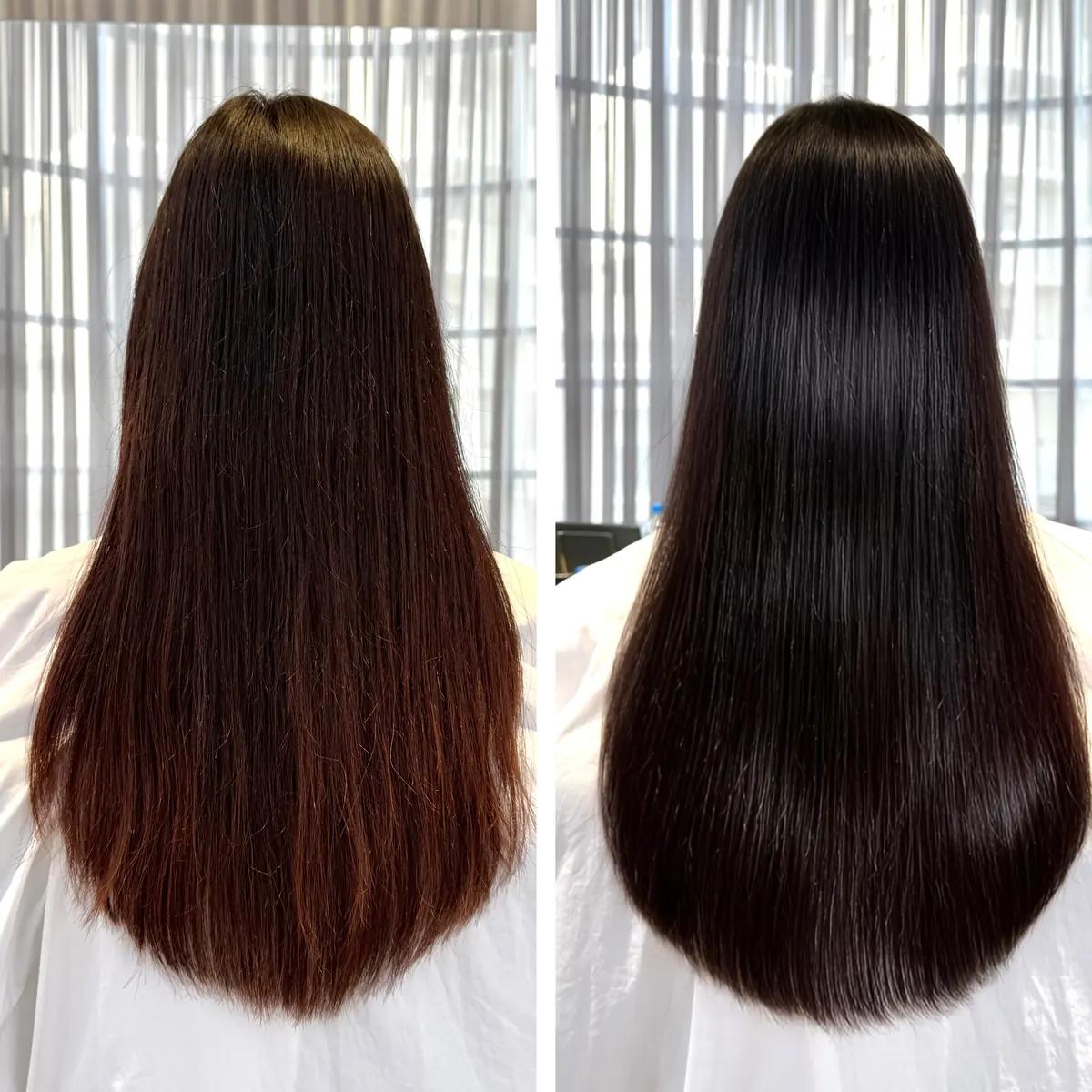赤みのあるロングヘアが、深みのある艶やかなブラウンに ― 超高濃度水素カラーの施術前後