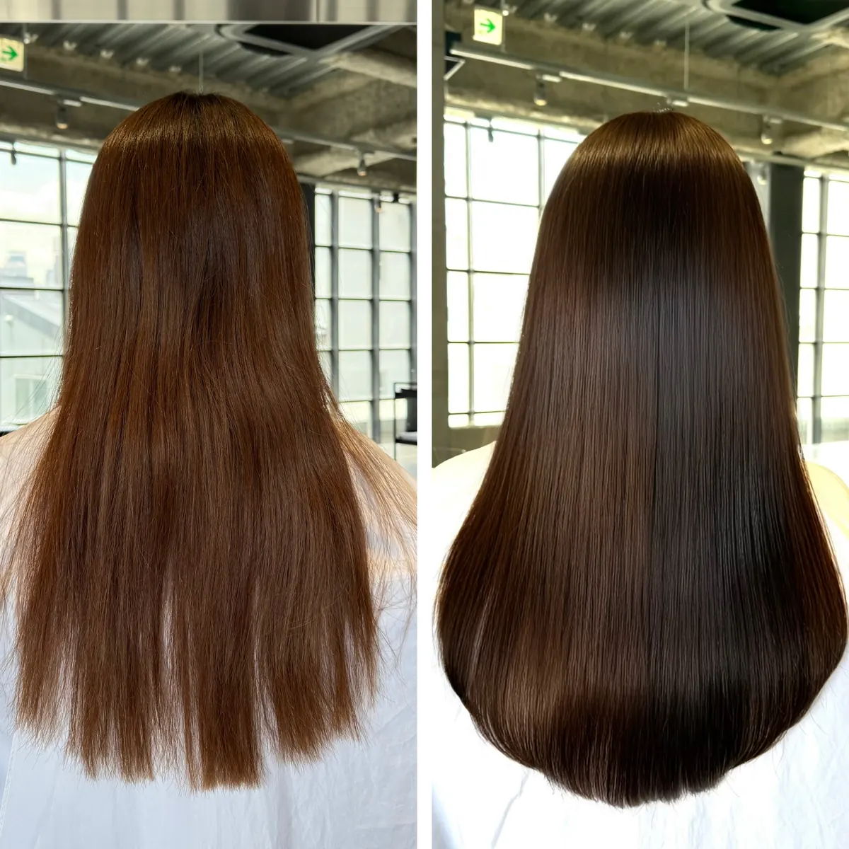 明るく乾燥したロングヘアが、艶のあるブラウンに ― 超高濃度水素カラーの施術前後