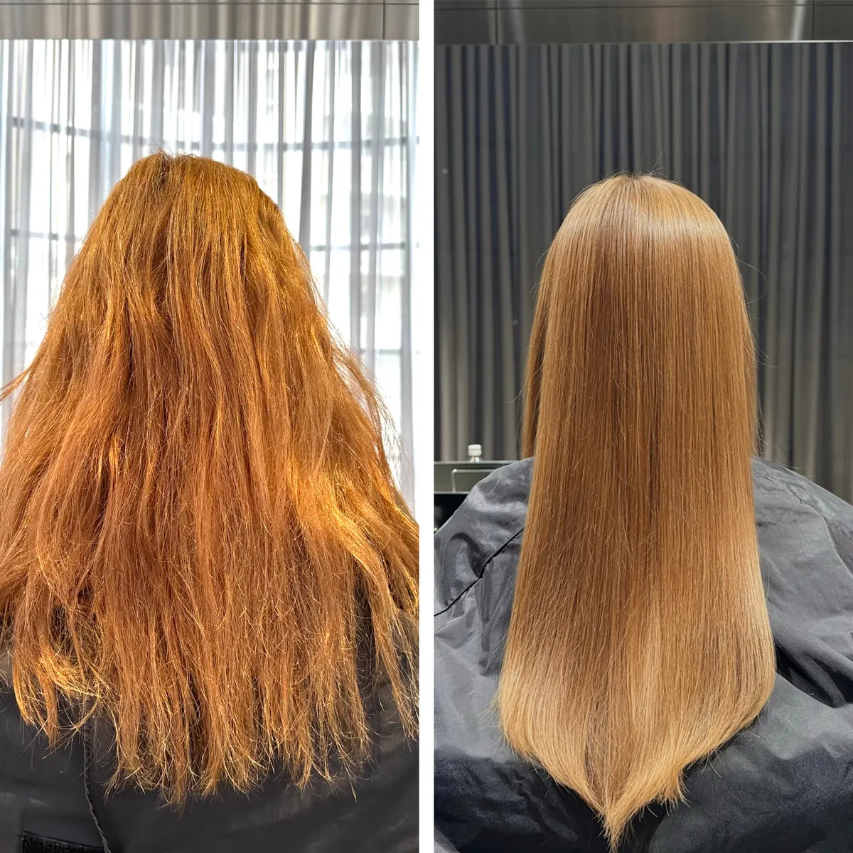 強いクセと広がりのあるロングヘアが、まっすぐ艶のあるストレートに ― 縮毛矯正の施術前後