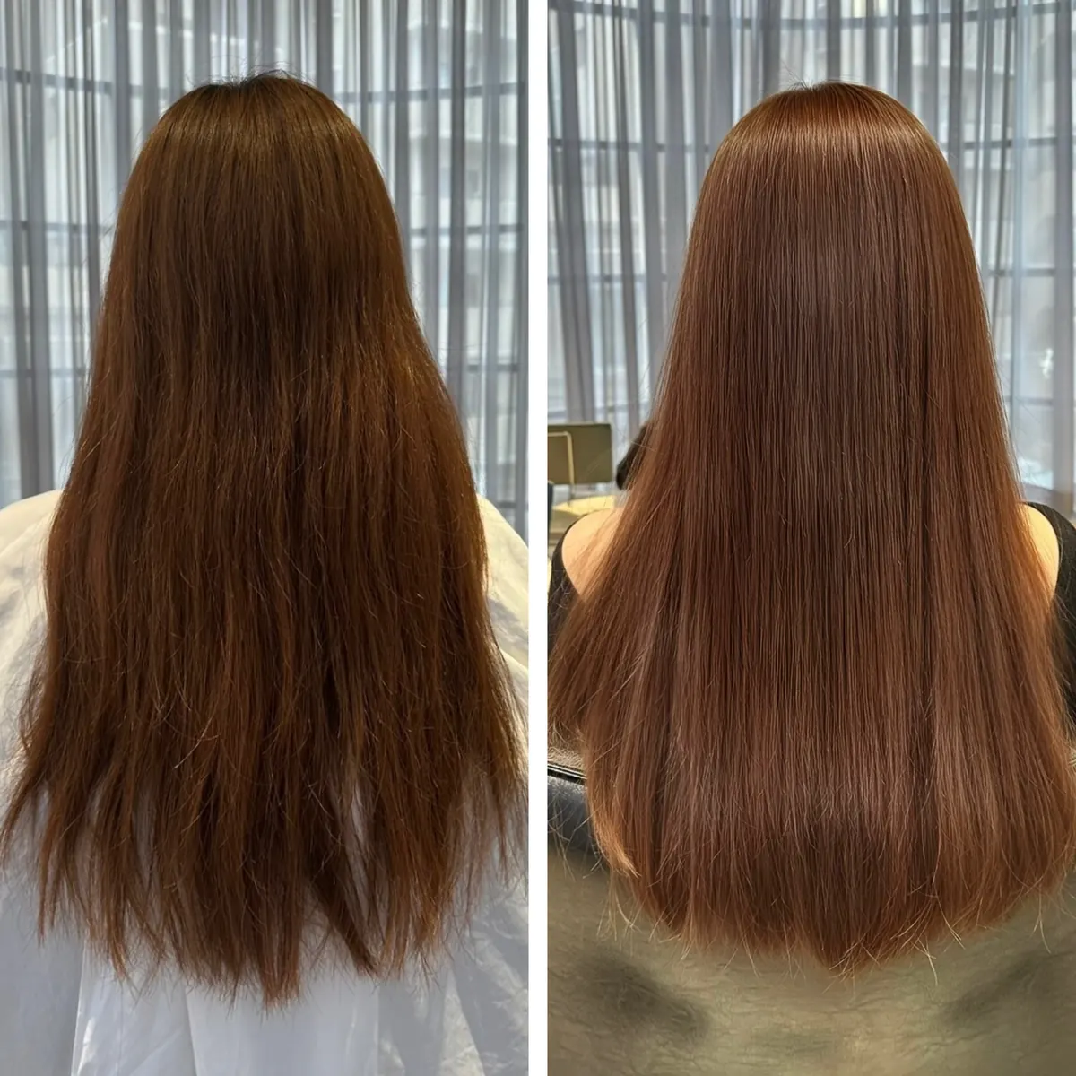 毛先の広がりが気になるロングヘアが、まとまりのあるストレートに ― 縮毛矯正の施術前後