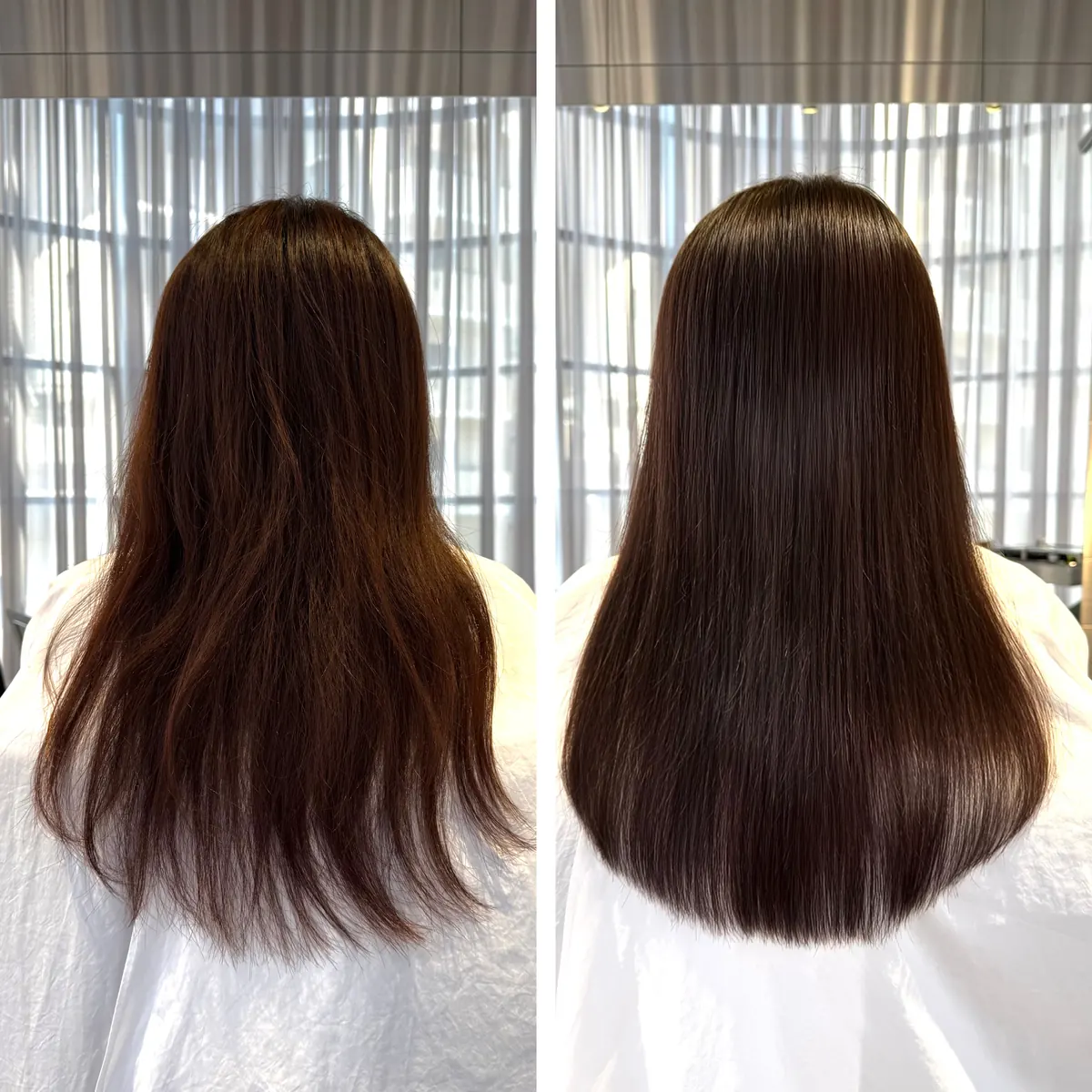 広がりのあるミディアムヘアが、毛先までまとまる艶髪に ― 縮毛矯正の施術前後